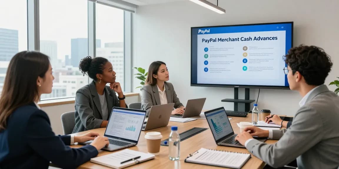 Team brainstorming about PayPal merchant cash advance strategies in a modern conference room during a collaborative meeting.
