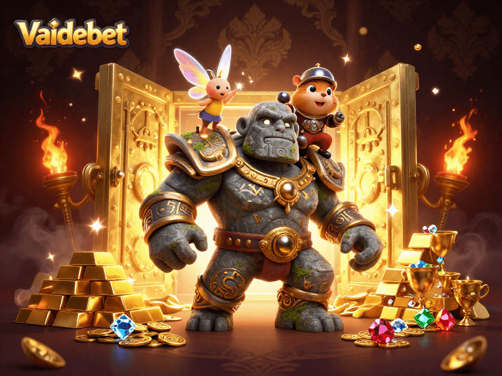 Vaidebet features a magical scene with a golem, fairy, and hamster knight amidst golden treasures.