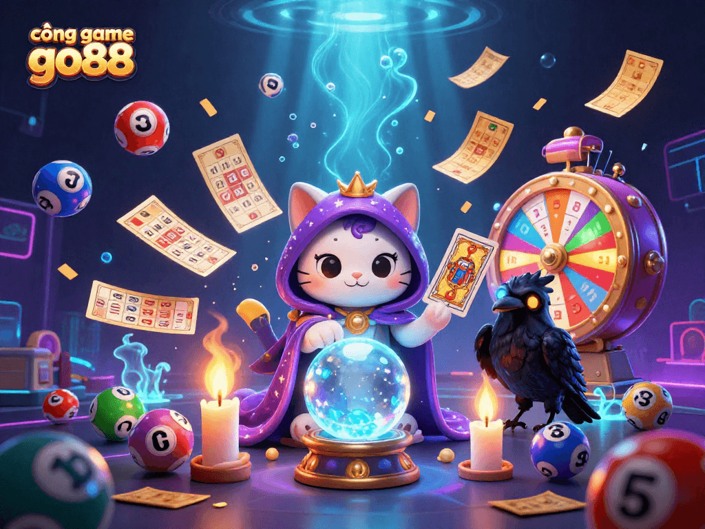 Engage with the cổng game go88 through a vibrant lottery and casino scene featuring mystical characters.
