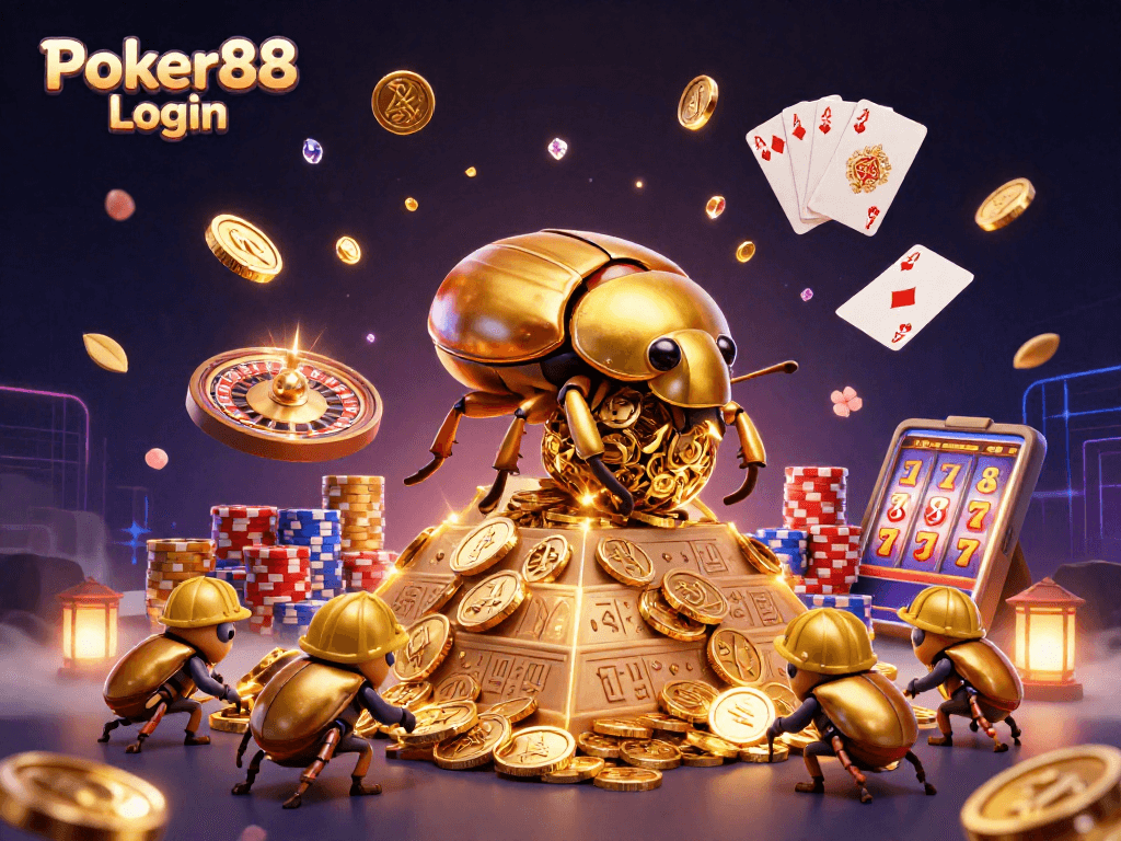 Engage in Poker88 Login with vibrant casino elements and dynamic play, featuring gold coins and poker chips.