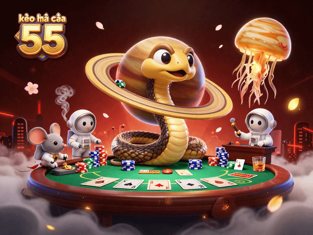 Experience the thrill of kèo nhà cái 55 with a cosmic casino scene featuring a Saturn snake and astronaut mice.