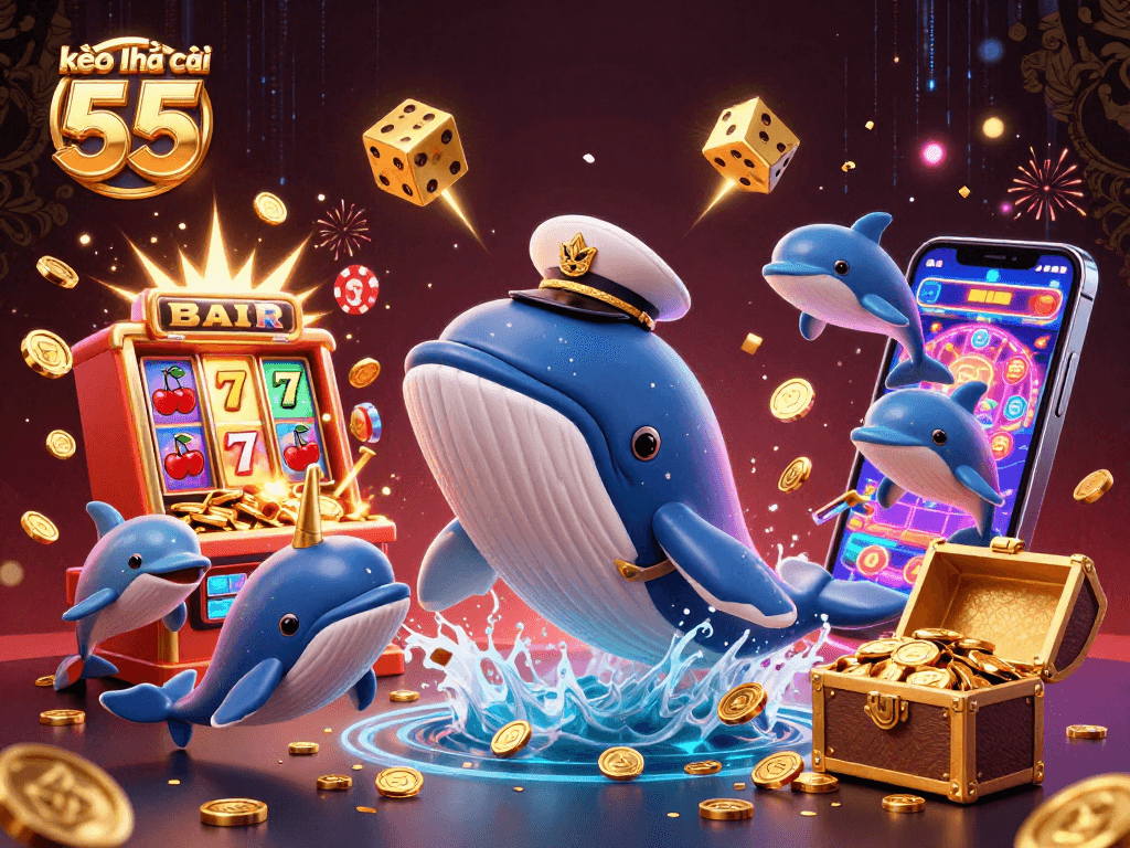 Experience thrilling gameplay with kèo nhà cái 55 as a cartoon whale breaches in a sea of coins.