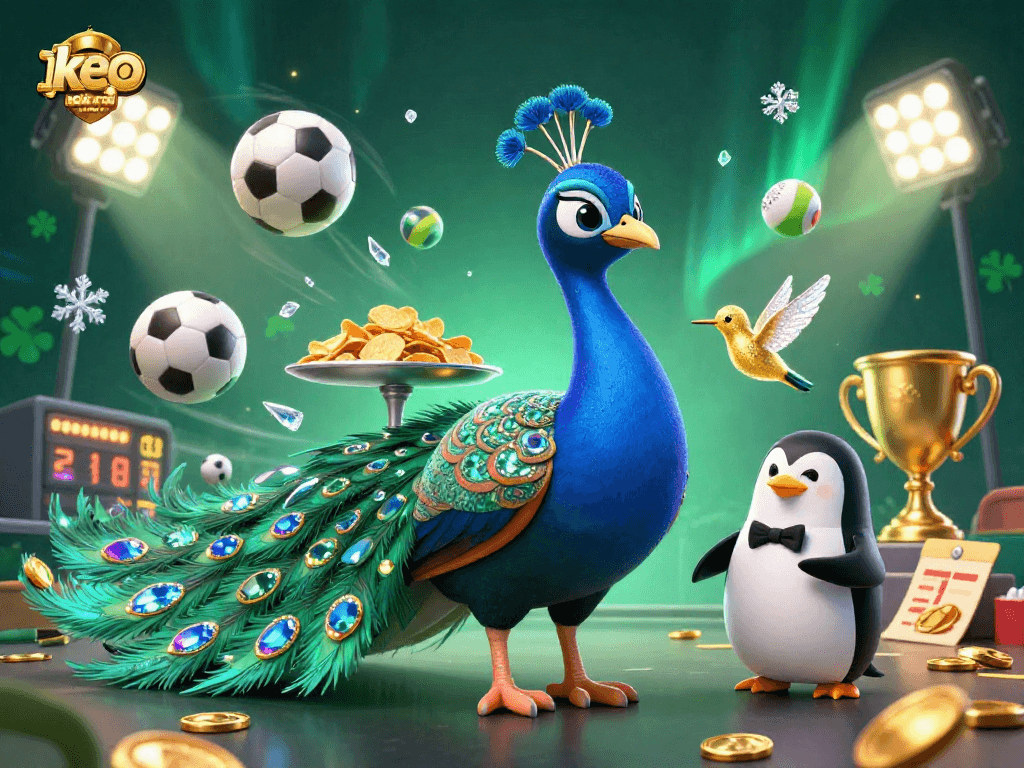 Engage in thrilling sports betting action with keo nha cai, featuring dynamic characters and vibrant casino elements.