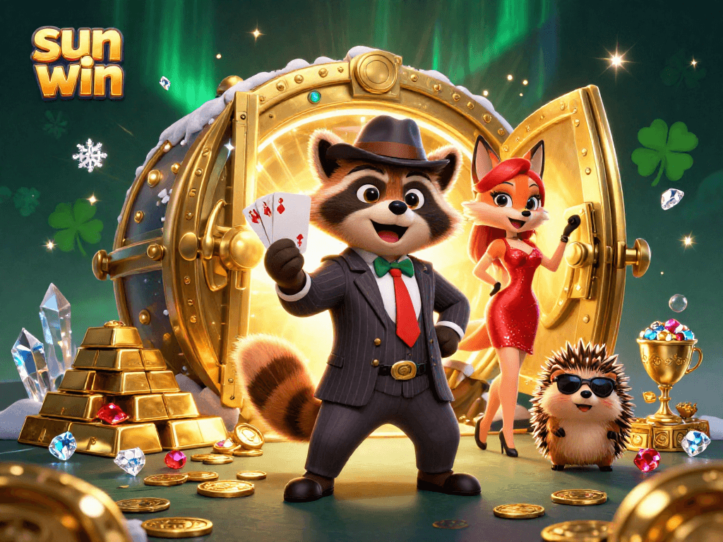Sun win casino scene with animated characters and treasures, highlighting the excitement of gaming.