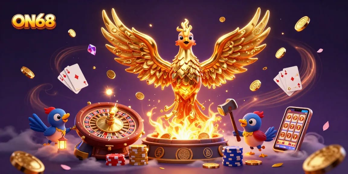 Experience thrill with ON68's molten golden phoenix and vibrant casino elements