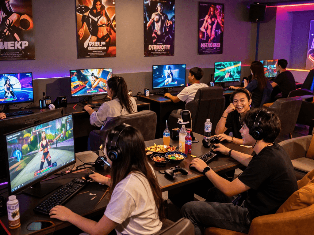 Engaging scene of young adults playing a sex game in a vibrant gaming lounge.