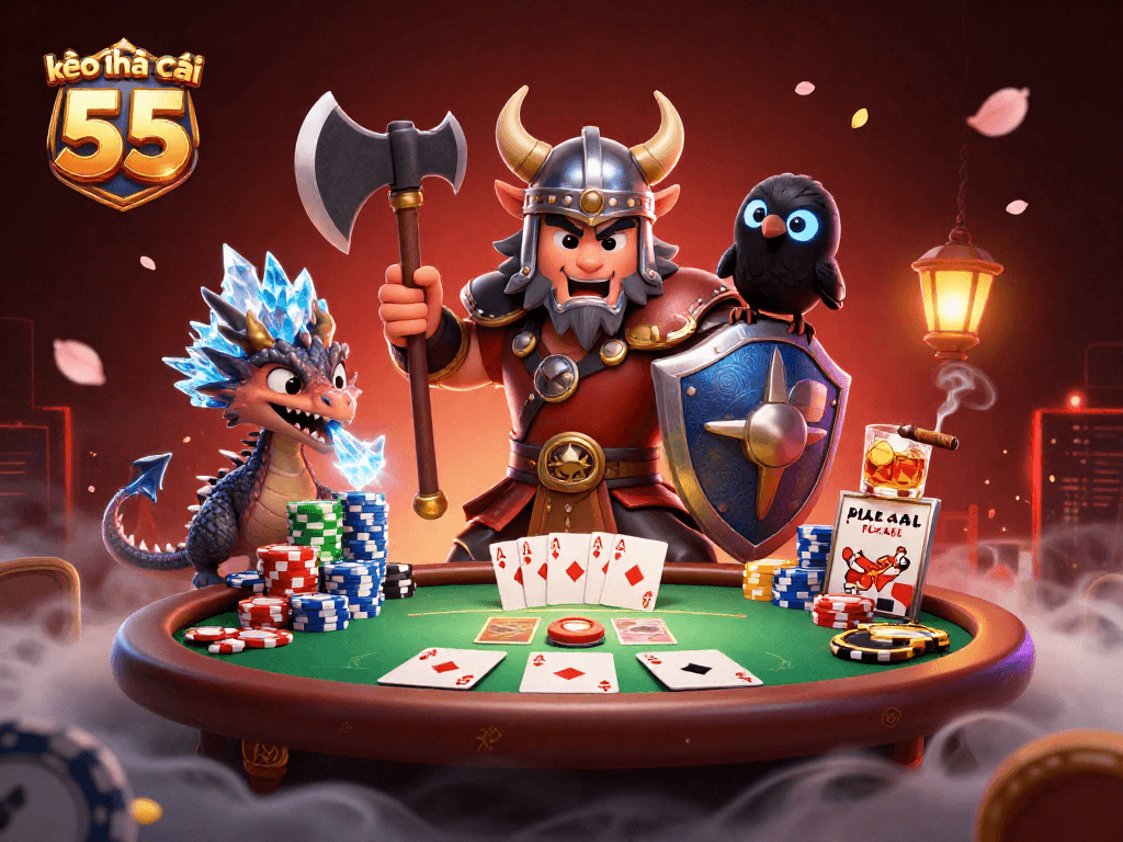 Experience thrilling poker action with kèo nhà cái 55 in this vibrant 3D scene featuring engaging characters!