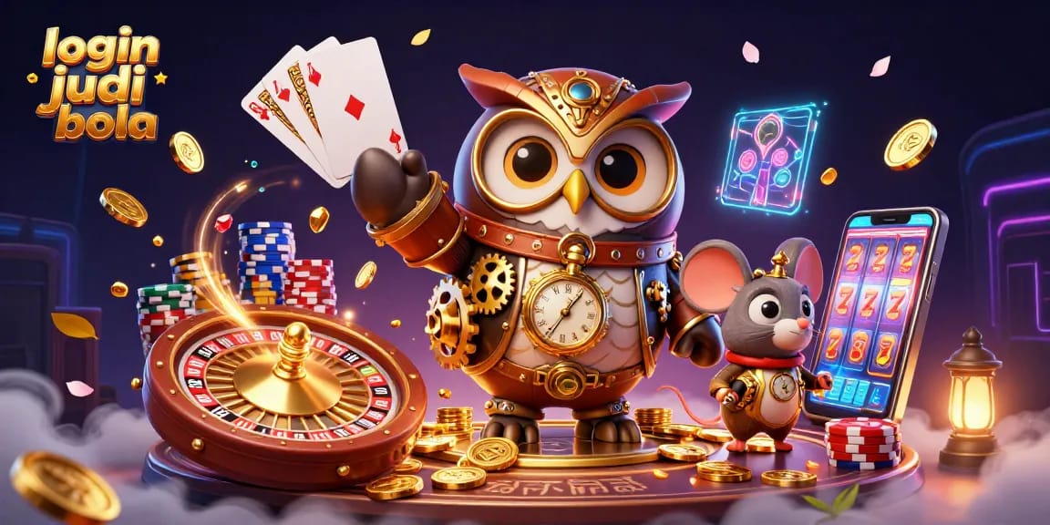 Engage with login judi bola featuring a dynamic casino scene of an owl and mouse amidst casino elements.