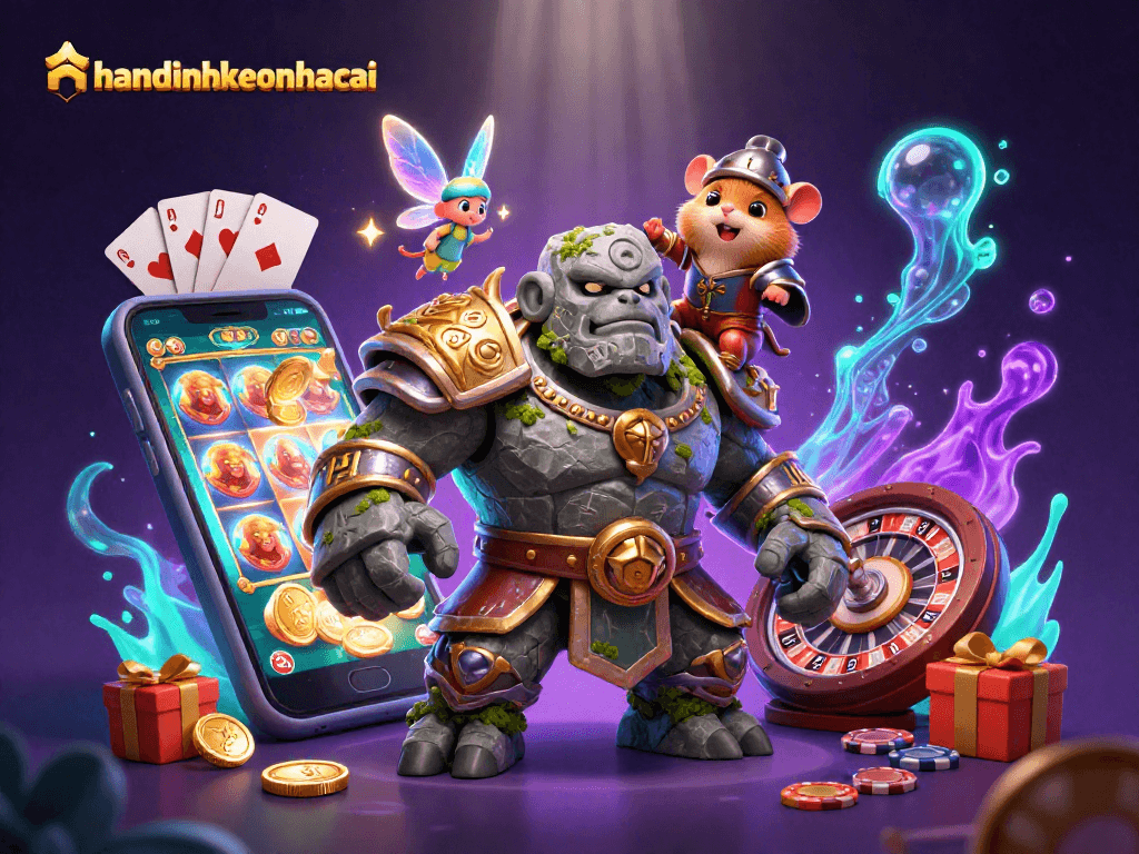 Gamble with nhandinhkeonhacai in a magical casino adventure featuring vibrant characters and games.