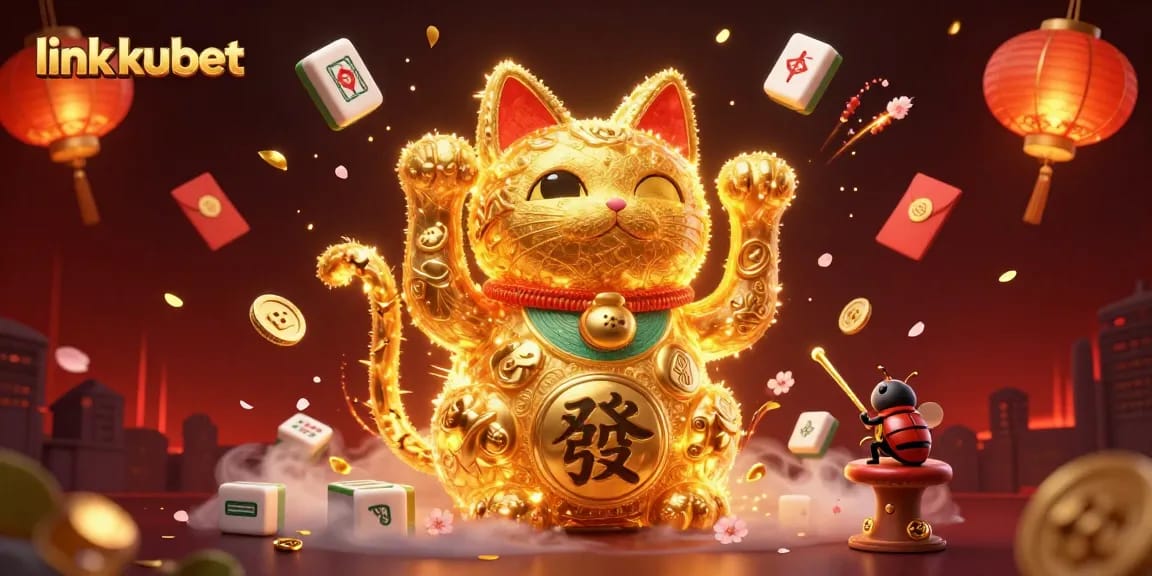 Engage with link kubet by entering a vibrant casino world, featuring a lucky cat and dynamic gaming symbols.