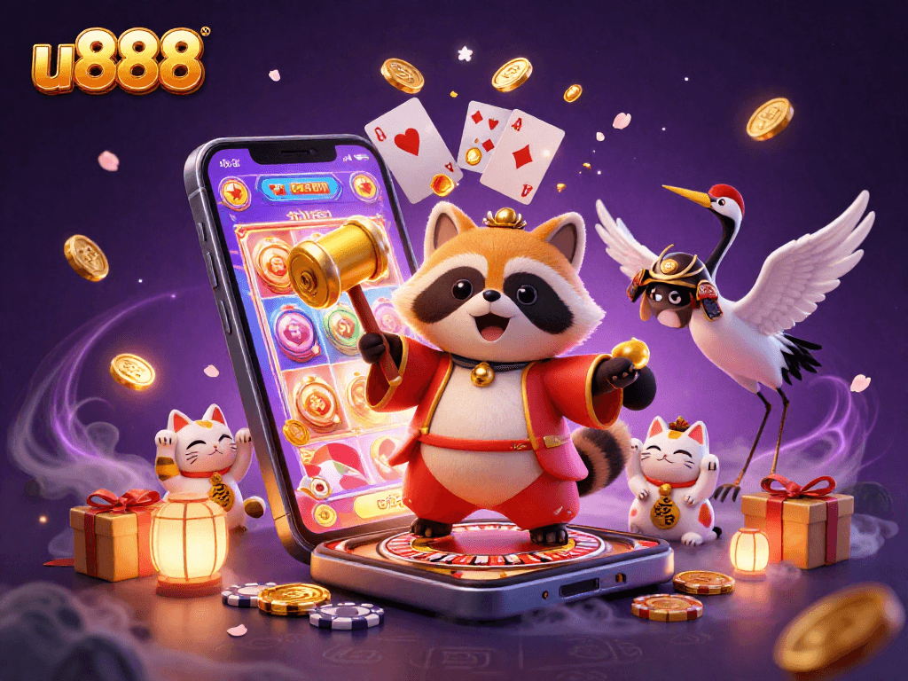 Join the fun at u888 with a colorful casino scene featuring a lucky tanuki, samurai crane, and vibrant maneki-neko cats.