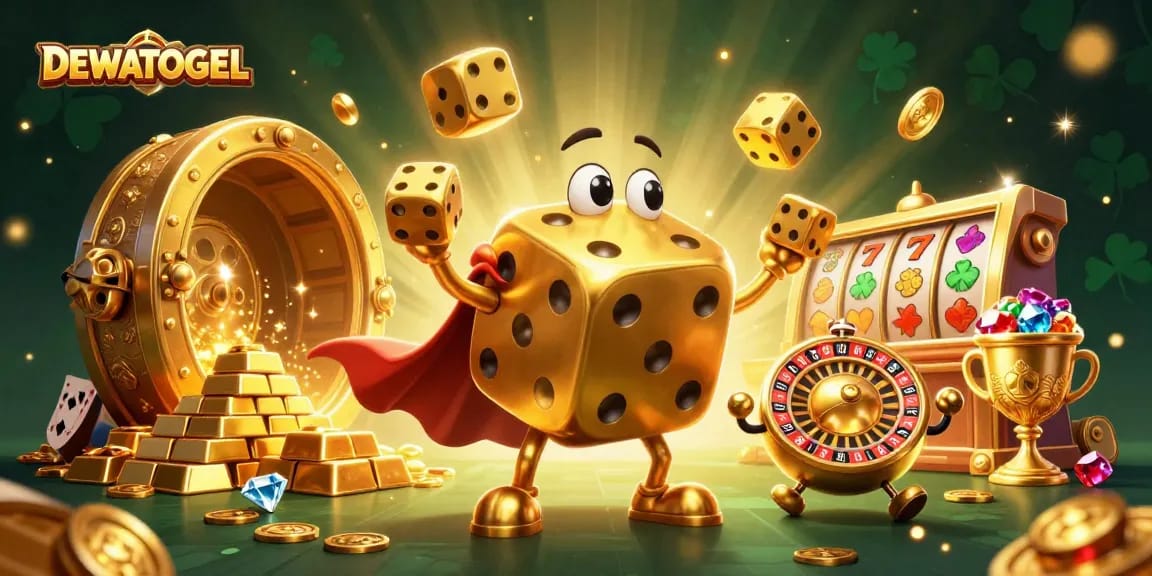 Experience the thrill of gaming with DEWATOGEL's vibrant casino scene, featuring golden dice characters and rich treasure.