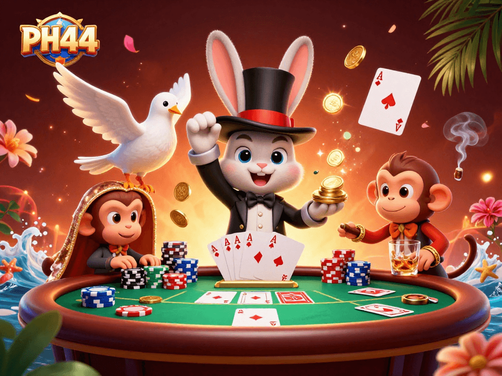Experience thrilling gameplay at PH44 with a dazzling magician, poker chips, and vibrant casino elements.