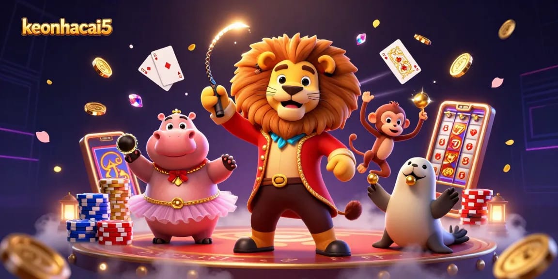 Experience the excitement at keonhacai5 with a vibrant, action-packed casino scene featuring playful characters and dynamic elements.