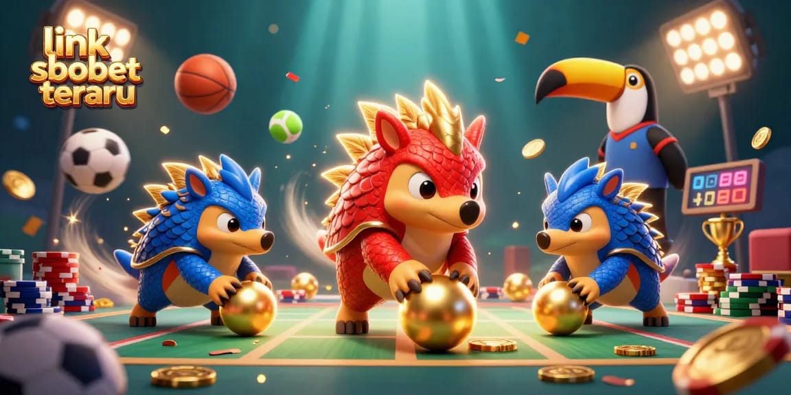 Engage with link sbobet terbaru for the latest betting links while rival pangolins roll through poker chips amidst vibrant sports elements.