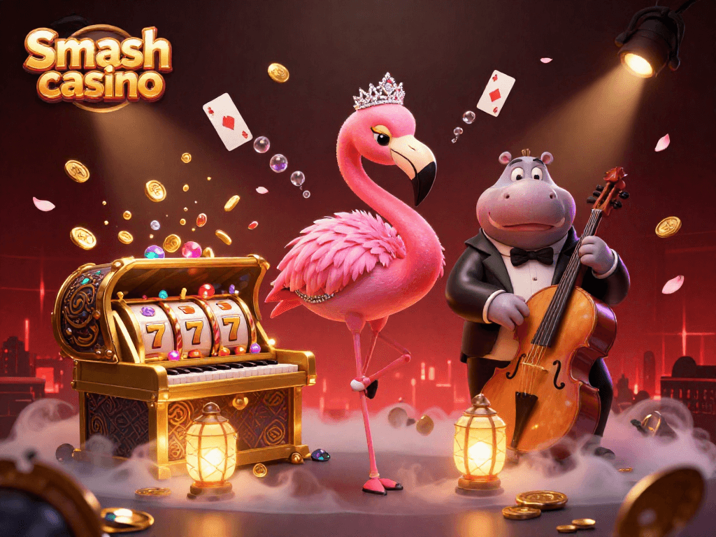 Experience the excitement at Smash casino with vibrant characters, slot reels, and captivating ambiance.