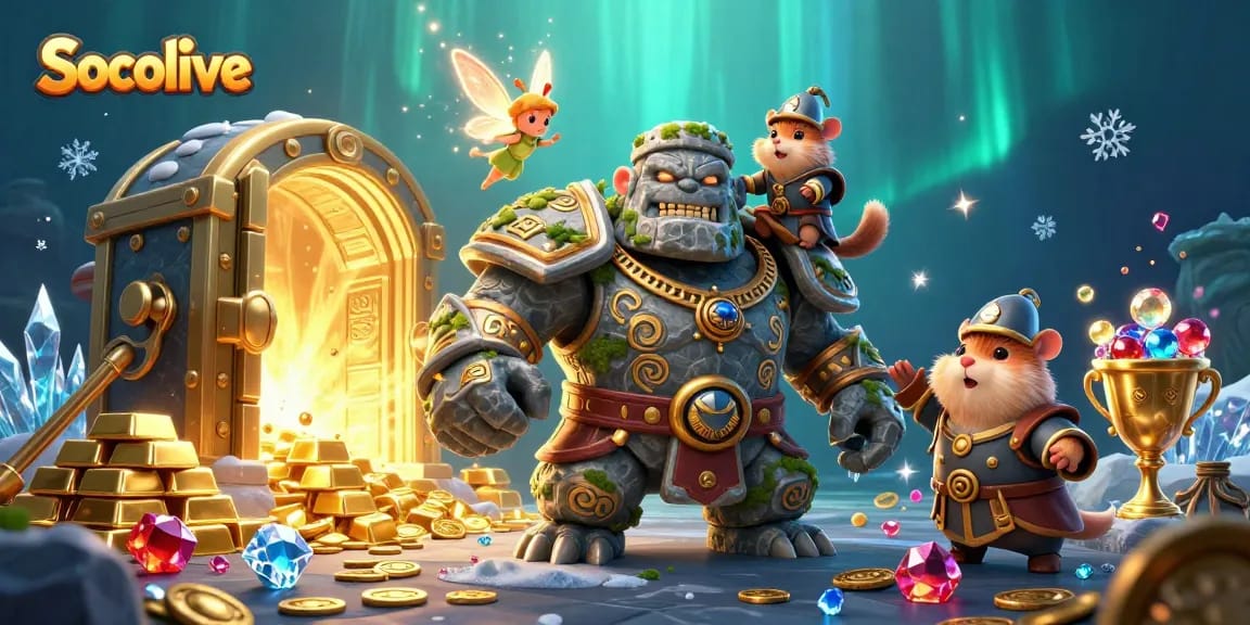 Socolive sports streaming featuring a vibrant 3D scene of a golem, fairy, and hamster knight with dynamic gambling elements.