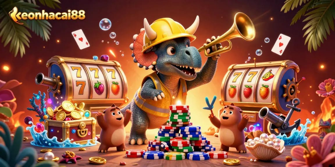 Celebrate winning moments with keonhacai88, as cartoon dinosaurs build poker chip pyramids in a vibrant casino world.