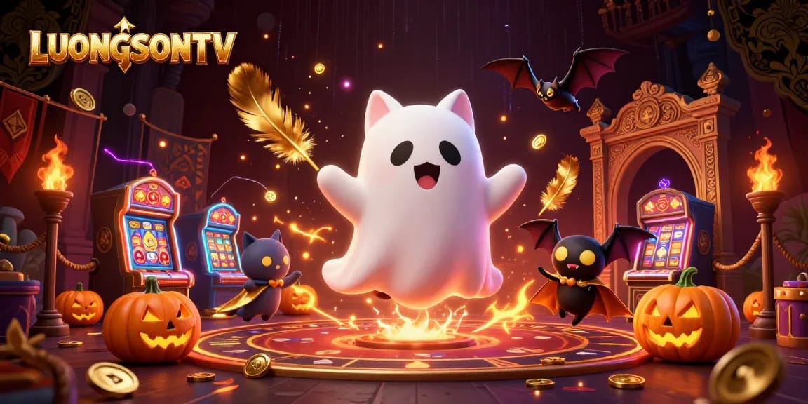 LUONGSONTV brings excitement with a ghost cat and a bat at a haunted casino filled with glowing gaming symbols.