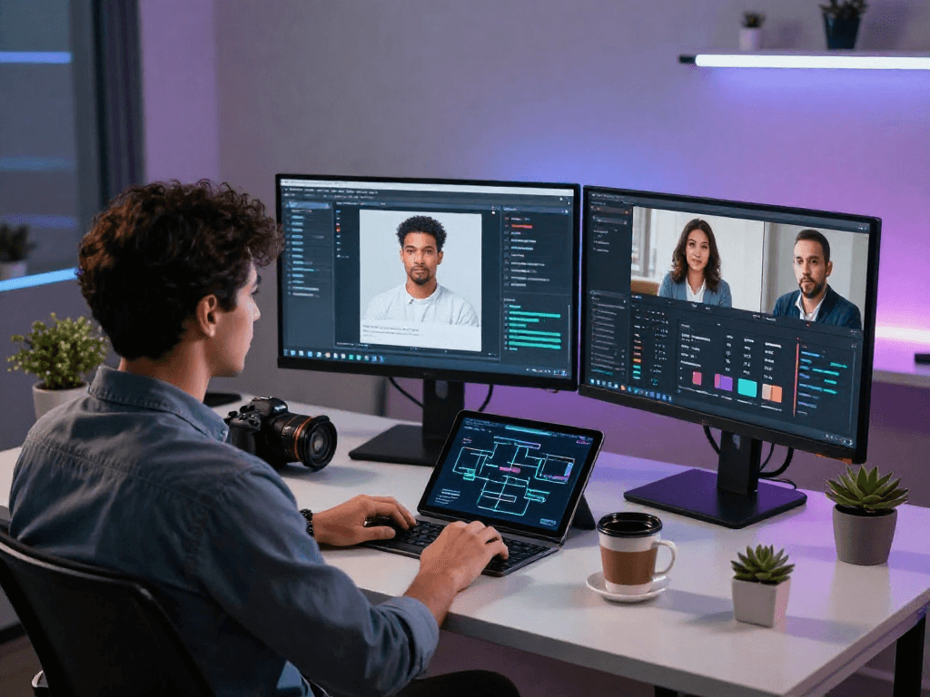 AI-driven NSFW content moderation scene, showcasing a data analyst reviewing flagged images in a modern tech workspace.