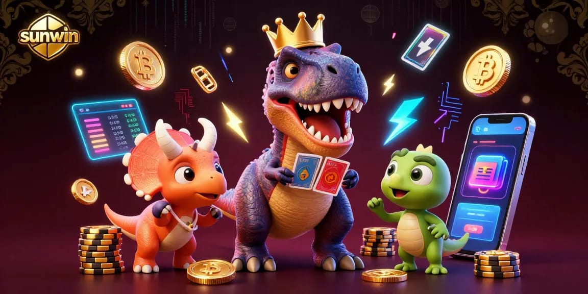 Experience thrilling game action at sunwin with a T-Rex shuffling cards and crypto elements in a vibrant casino scene.
