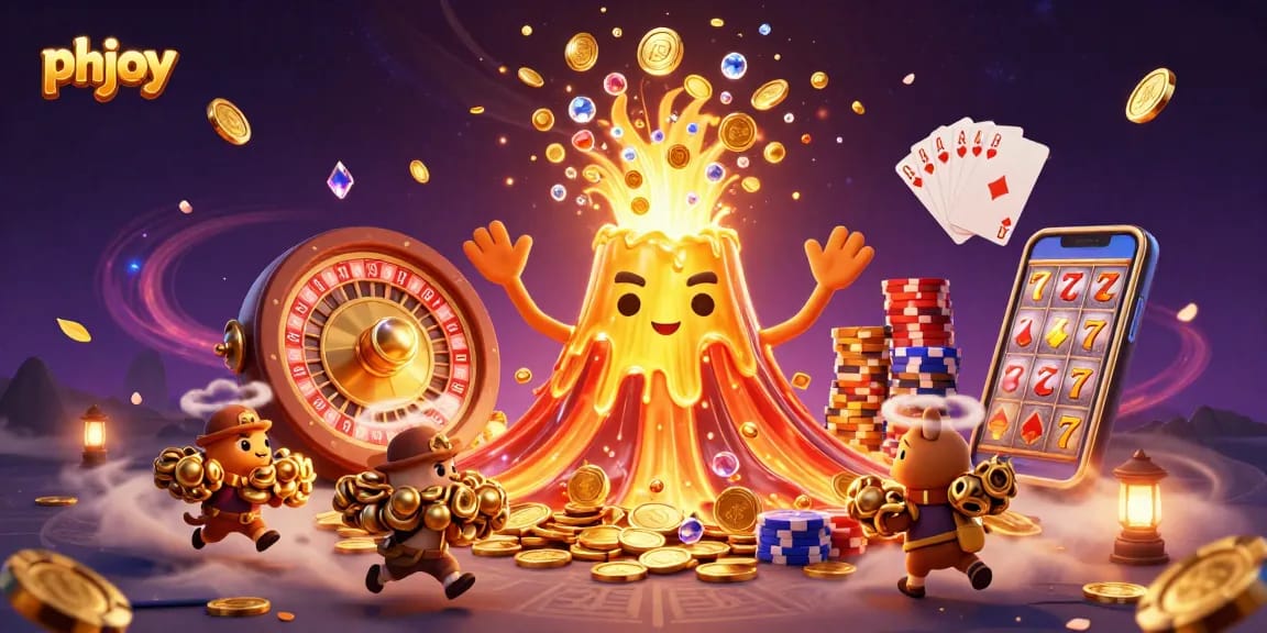 phjoy offers thrilling gaming with a golden volcano erupting treasures, showcasing various casino elements.