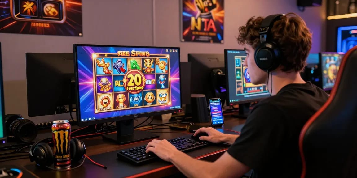 Player enjoying free spins on registration UK in a vibrant online gaming setup with popular slot titles.