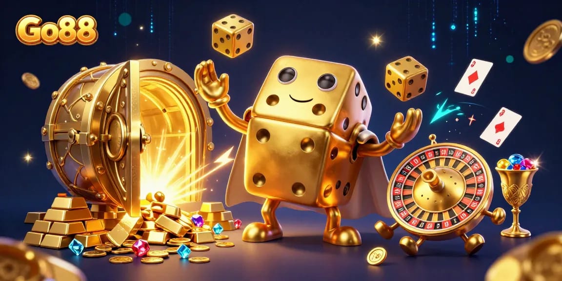 Engage in thrilling gaming with Go88's golden dice golem and treasure-filled casino scene.