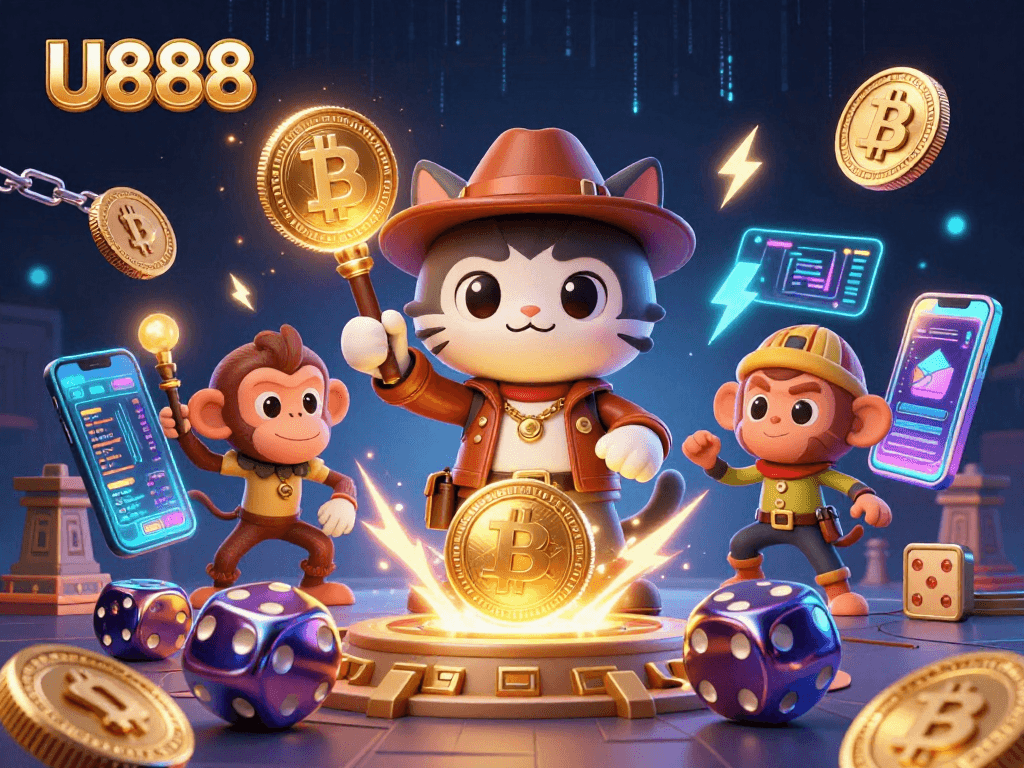 Experience excitement with U888 as a cat archaeologist discovers golden artifacts surrounded by neon cryptocurrency elements.