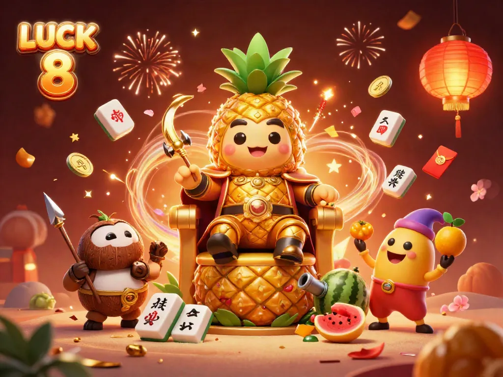 LUCK 8 casino-themed illustration, featuring a golden pineapple king and vibrant gaming elements.