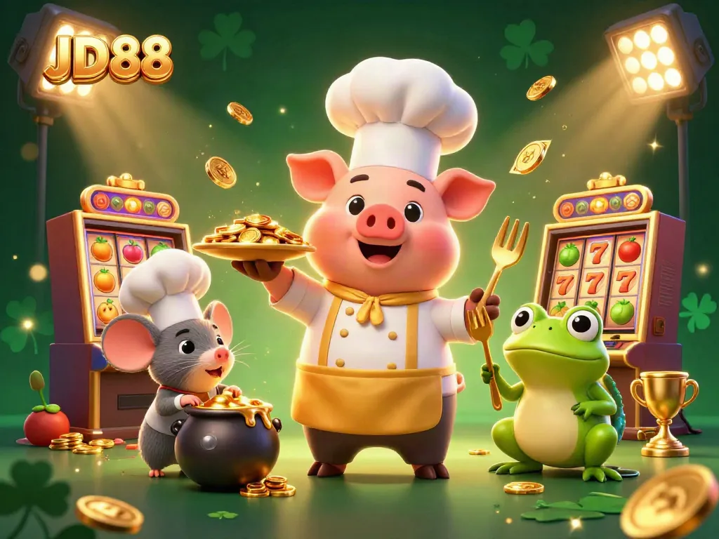 Experience JD88 casino excitement with a chef pig, sous-chef mouse, and critic frog in a vibrant slot game scene.