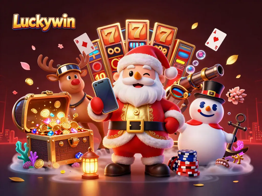 Experience the fun of Luckywin as Santa celebrates with jackpot slots and festive characters in a vibrant casino.