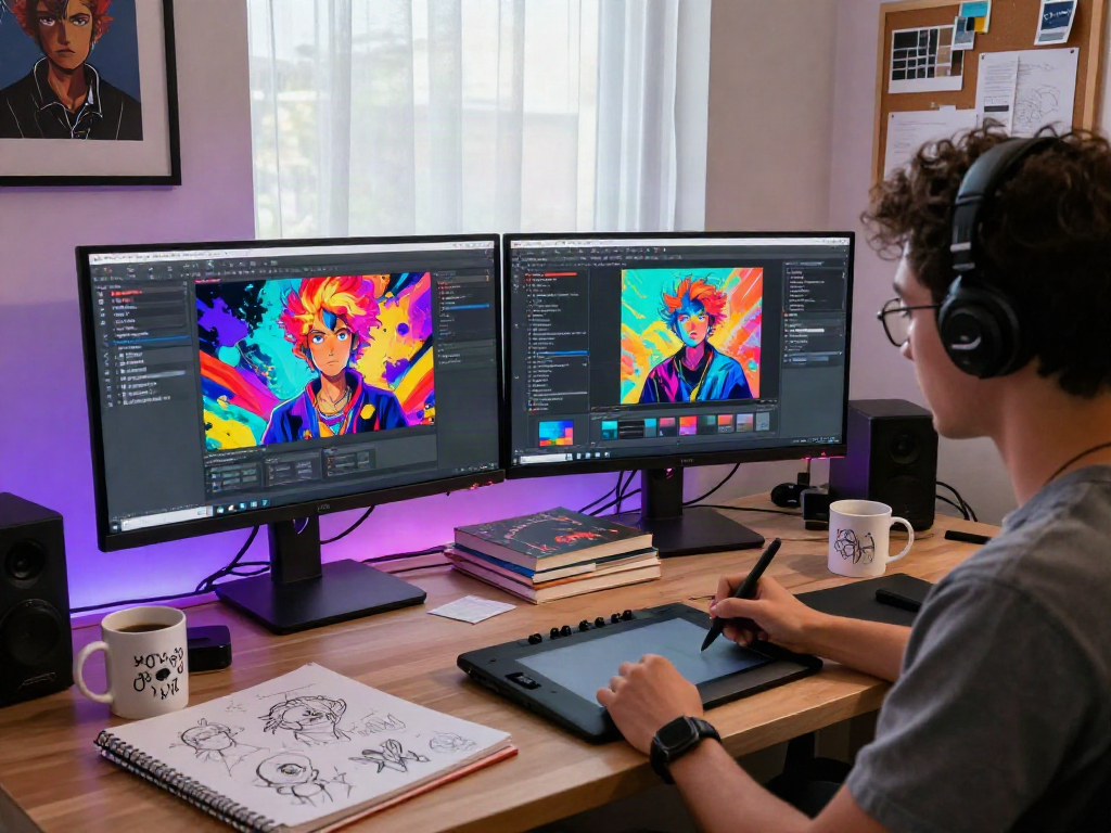 Artist creating innovative nsfw ai artwork in vibrant digital studio