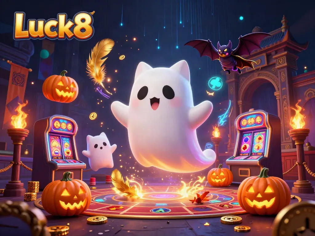 Experience the thrilling ambiance of Luck8 with a ghost cat, bat companion, and glowing pumpkins.
