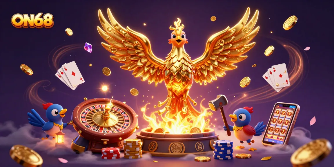Experience thrill with ON68's molten golden phoenix and vibrant casino elements