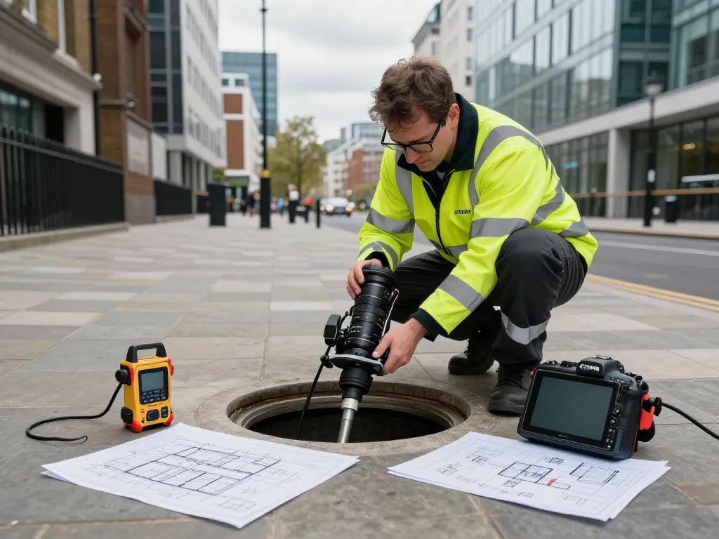 Drainage Survey London with a technician inspecting pipes using CCTV technology in an urban setting