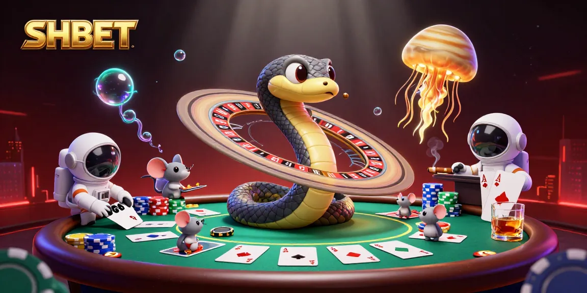 SHBET reveals animated characters placing bets with cosmic themes and colorful casino elements.