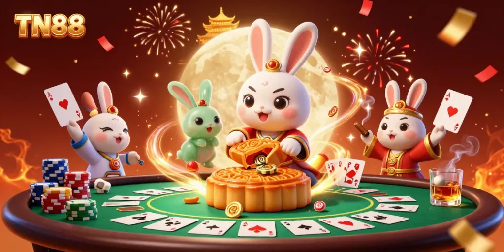 Experience the excitement of TN88 with a lively casino illustration featuring poker chips and moon folklore elements.