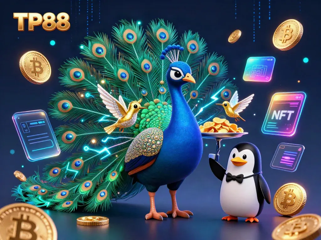 Join the excitement with TP88's colorful casino scene featuring a peacock, penguin, and hummingbird amidst glowing crypto elements.