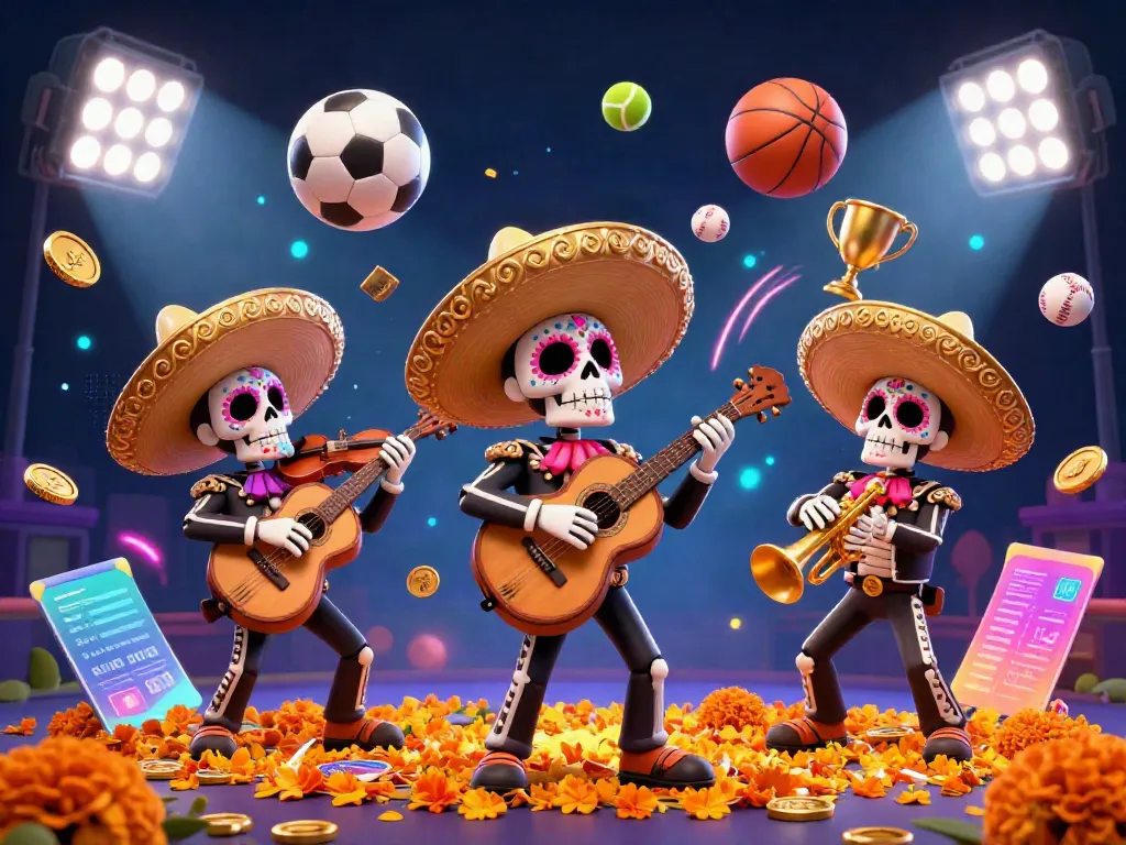 Experience the thrill of ufa bet with a vibrant scene featuring colorful skeleton mariachis and flying sports elements.