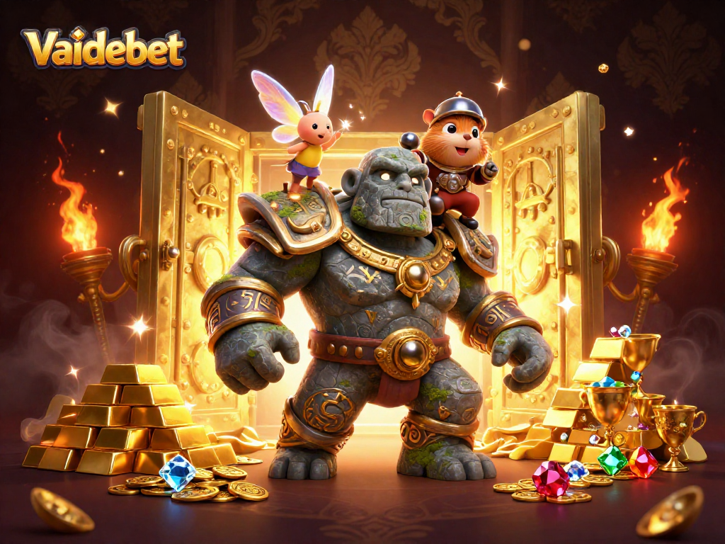 Vaidebet features a magical scene with a golem, fairy, and hamster knight amidst golden treasures.