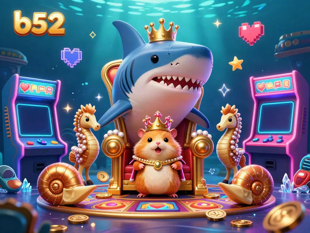 Play exciting b52 games by a tiny golden hamster king's throne surrounded by vibrant casino elements.