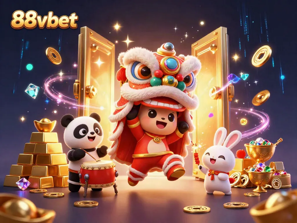 Experience excitement with 88vbet as cute characters celebrate around a treasure vault in a vibrant casino setting.