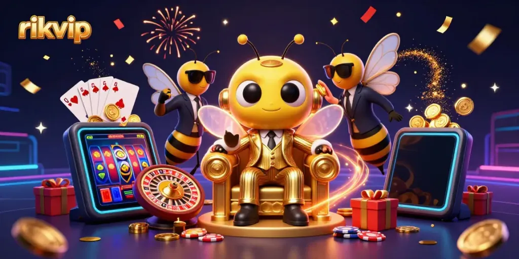Experience the excitement of rikvip with a 3D cartoon mob boss and vibrant casino elements.