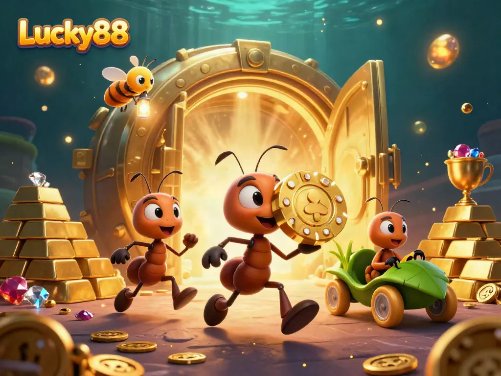 Lucky88 ants in a heist laden with golden chips and treasure in an underground scene.