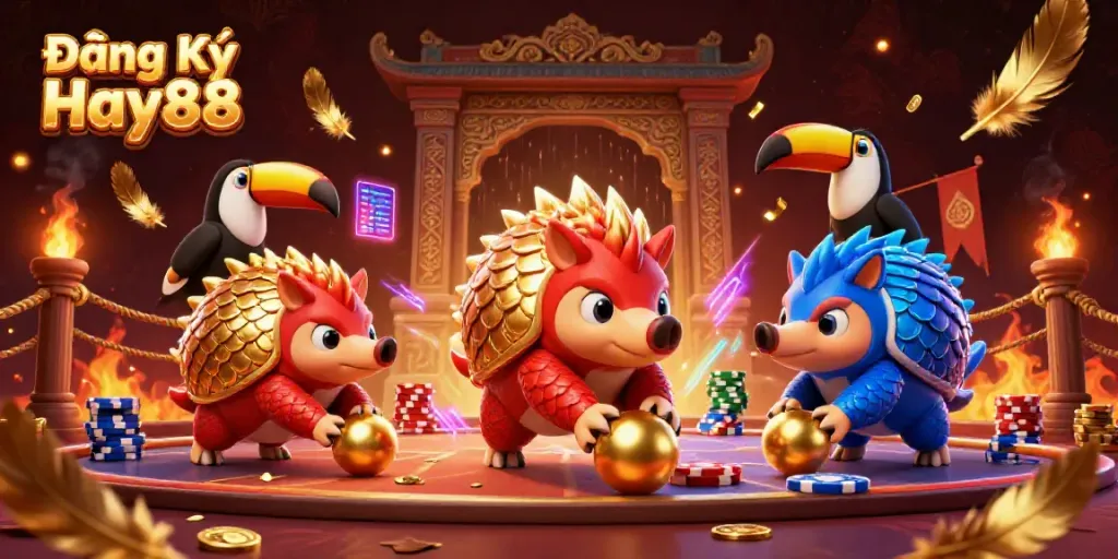 Engaging scene showcasing Đăng Ký Hay88 with colorful pangolins competing in a vibrant casino atmosphere.