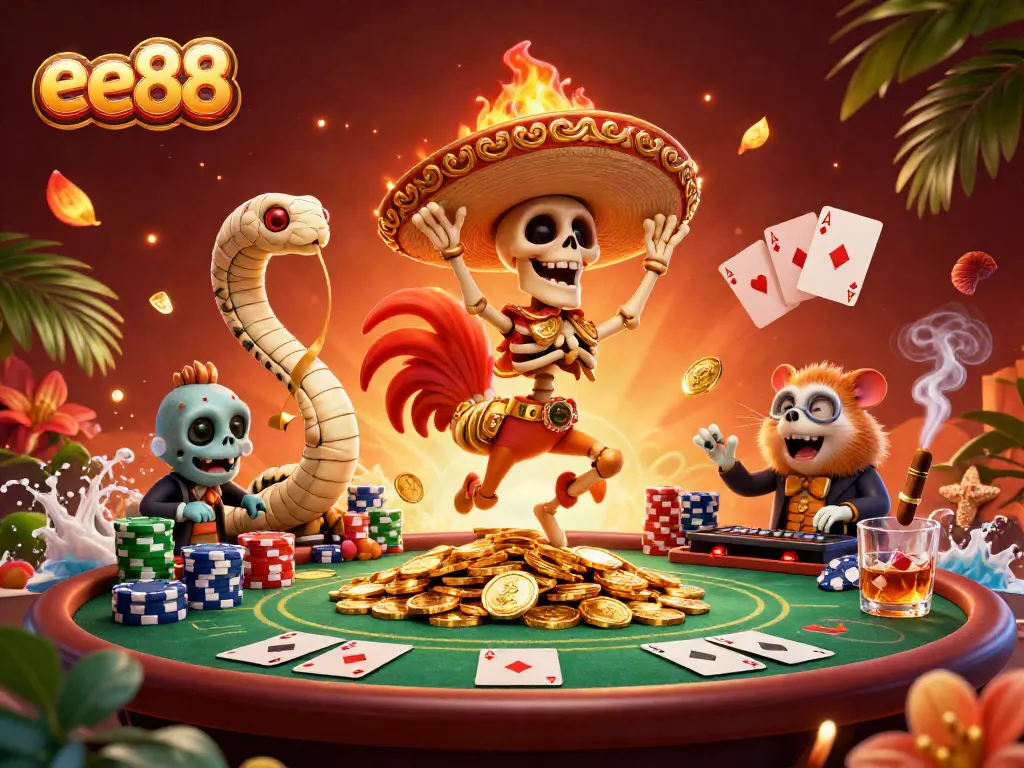 Experience the thrill of ee88 with a vibrant 3D casino scene featuring engaging characters and assorted gaming elements.