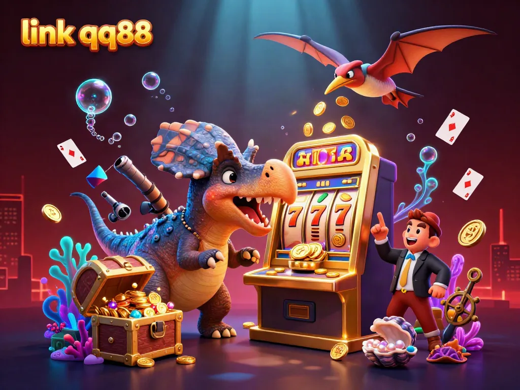 Experience thrilling wins at QQ88 as a pachycephalosaurus hits a slot machine, surrounded by coins and treasures.