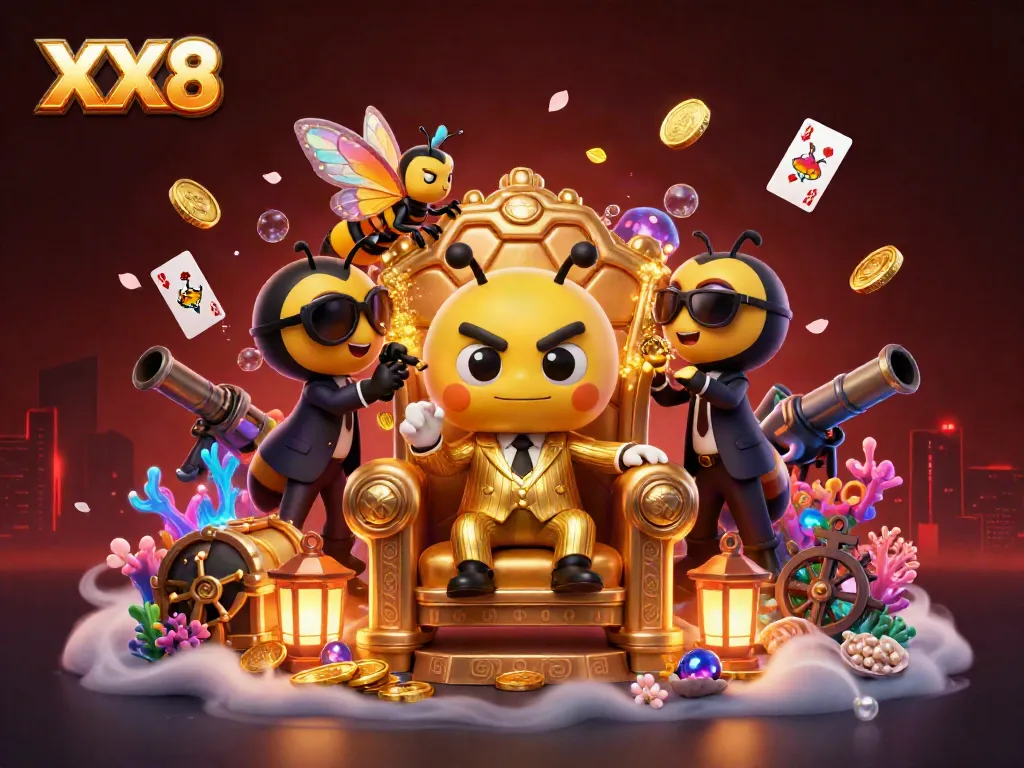 Engage in the vibrant world of XX8 with a dynamic casino illustration featuring gambling icons and action.