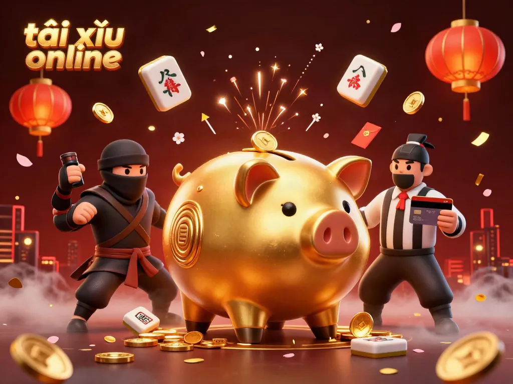 Tài xỉu online scene with a golden piggy bank sumo wrestler, colorful game elements, and festive decorations.